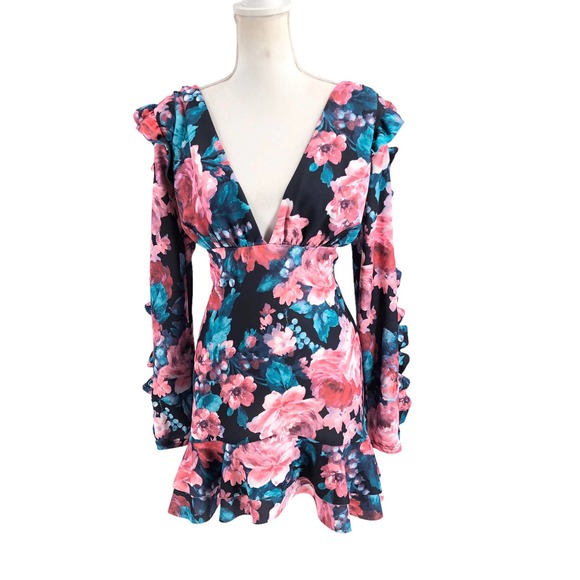 ASOS DESIGN NEW Womens Size 12 Ruffled Long Sleeve Floral Print Mini Dress - Picture 2 of 12